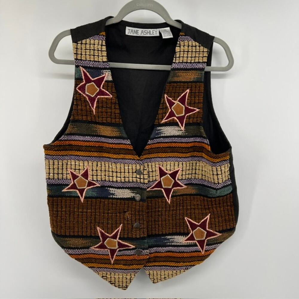 VTG Jane Ashley Tapestry Textured Vest Womens M Brown Stars Western Boho Striped